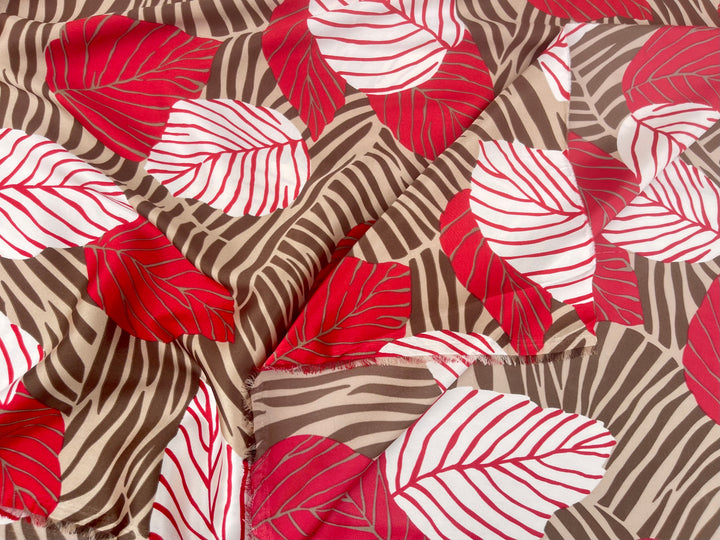 Satin  charmeuse fabric by the yard - Red Brown  Floral Print