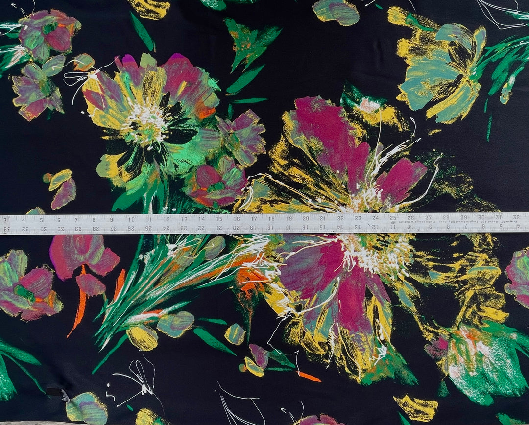 Satin  charmeuse fabric by the yard - Black Green Burgundy   Floral Print