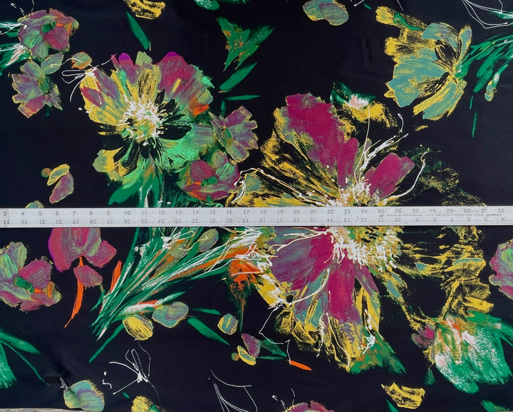 Satin  charmeuse fabric by the yard - Black Green Burgundy   Floral Print