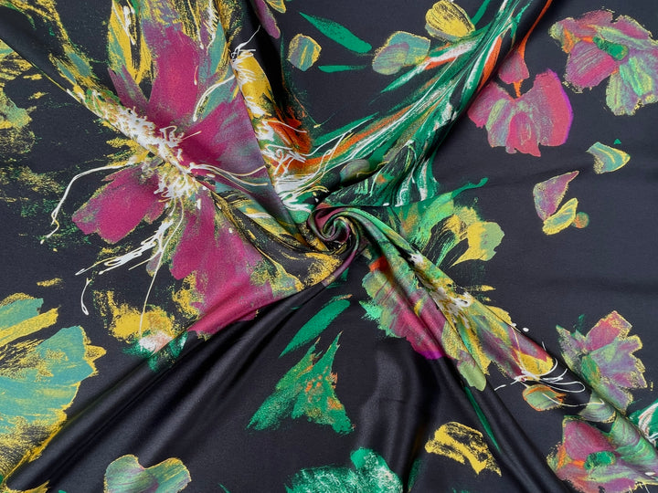 Satin  charmeuse fabric by the yard - Black Green Burgundy   Floral Print