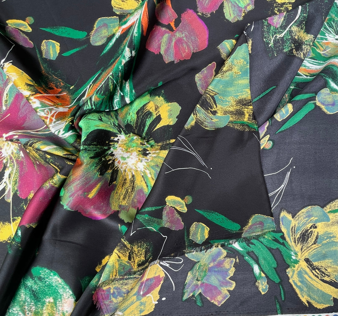 Satin  charmeuse fabric by the yard - Black Green Burgundy   Floral Print