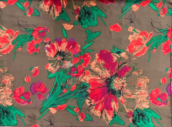 Satin  charmeuse fabric by the yard - Bronze Emerald  Red   Floral Print