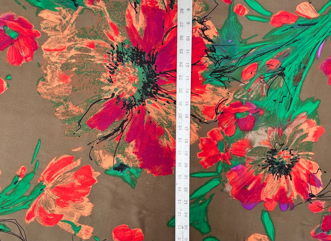 Satin  charmeuse fabric by the yard - Bronze Emerald  Red   Floral Print