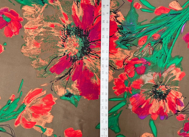 Satin  charmeuse fabric by the yard - Bronze Emerald  Red   Floral Print