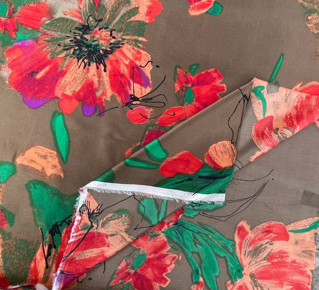 Satin  charmeuse fabric by the yard - Bronze Emerald  Red   Floral Print