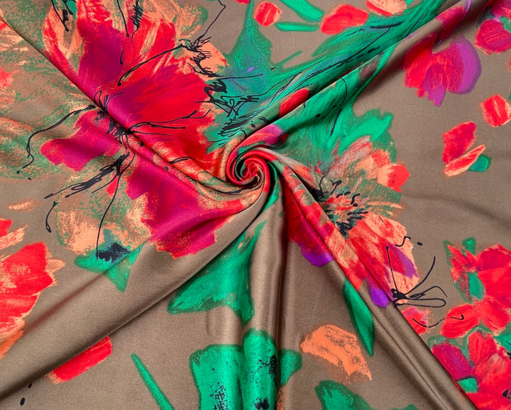 Satin  charmeuse fabric by the yard - Bronze Emerald  Red   Floral Print