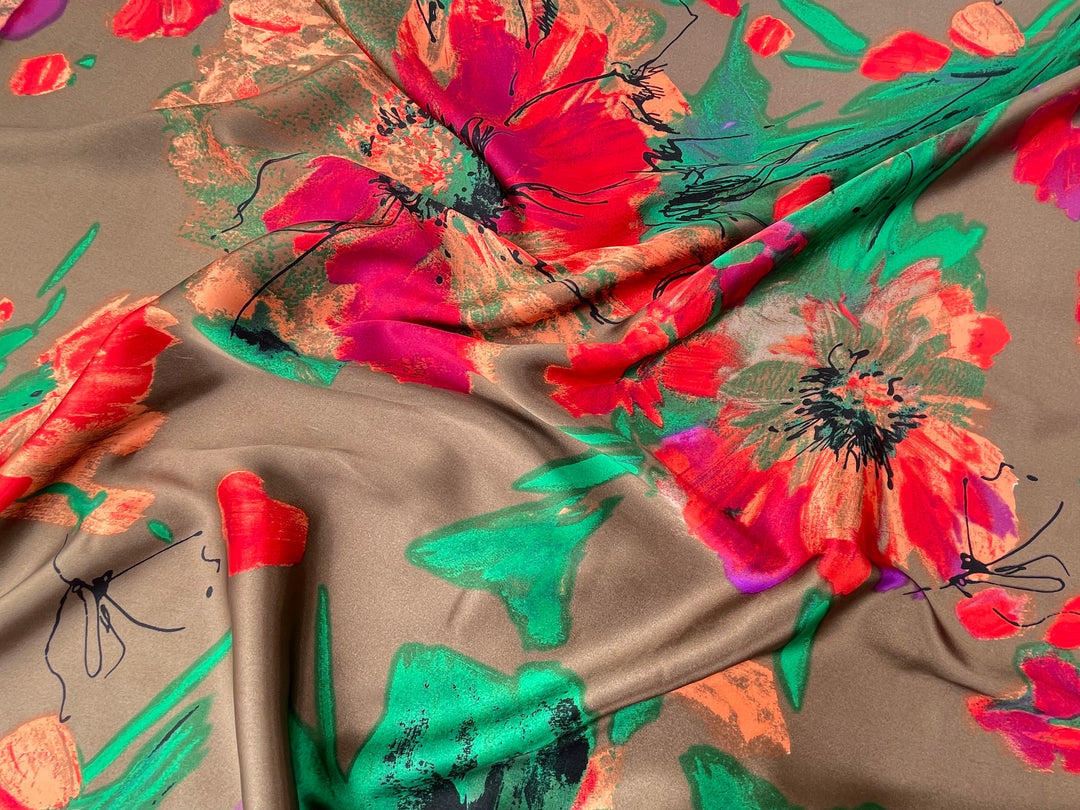 Satin  charmeuse fabric by the yard - Bronze Emerald  Red   Floral Print