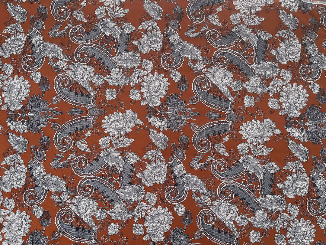 Woolpeach Fabric By The Yard -  Mocha Brown Blue Paisley Floral Print