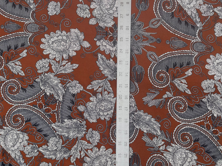 Woolpeach Fabric By The Yard -  Mocha Brown Blue Paisley Floral Print
