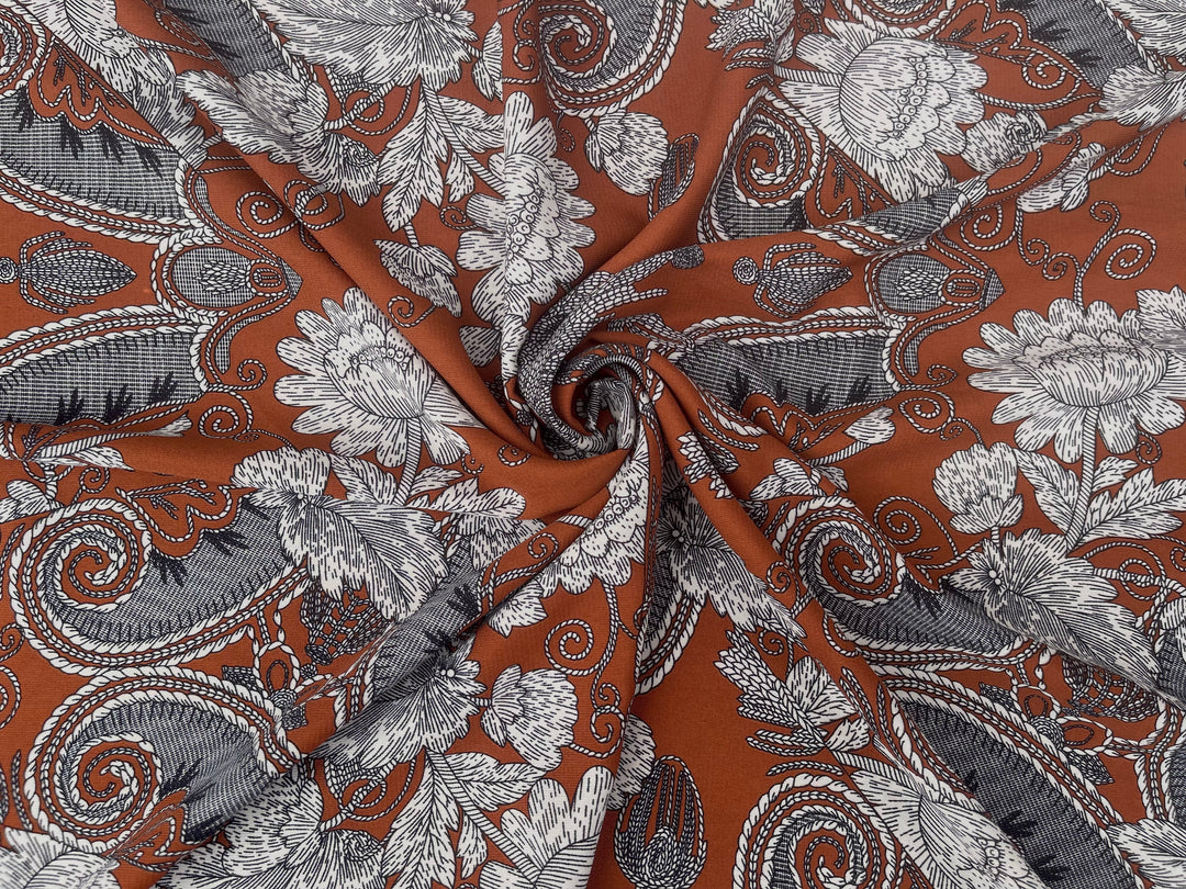 Woolpeach Fabric By The Yard -  Mocha Brown Blue Paisley Floral Print