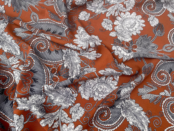 Woolpeach Fabric By The Yard -  Mocha Brown Blue Paisley Floral Print