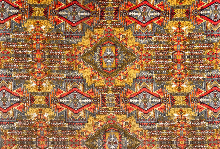 Peachskin  fabric by the yard - Gray Red Yellow  Tribal print