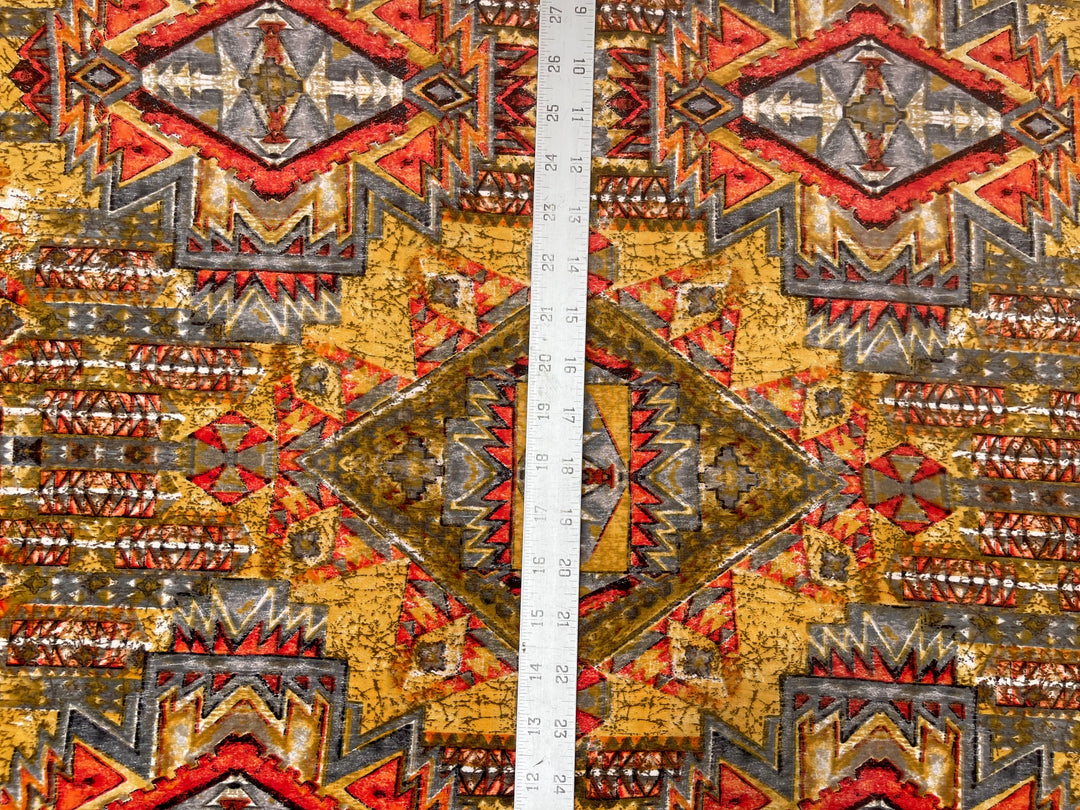 Peachskin  fabric by the yard - Gray Red Yellow  Tribal print
