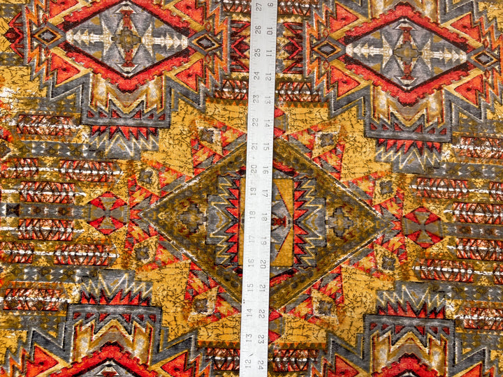 Peachskin  fabric by the yard - Gray Red Yellow  Tribal print