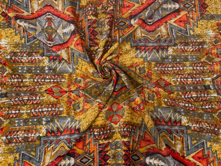 Peachskin  fabric by the yard - Gray Red Yellow  Tribal print