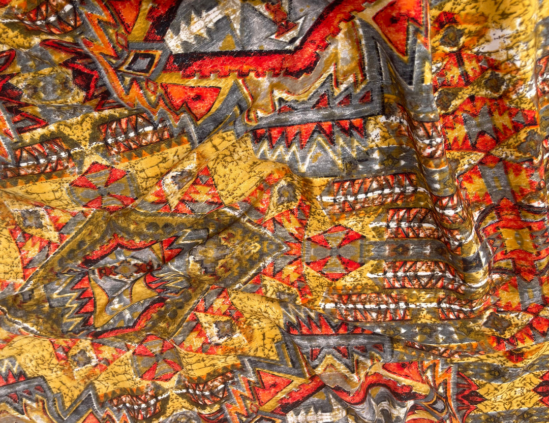 Peachskin  fabric by the yard - Gray Red Yellow  Tribal print