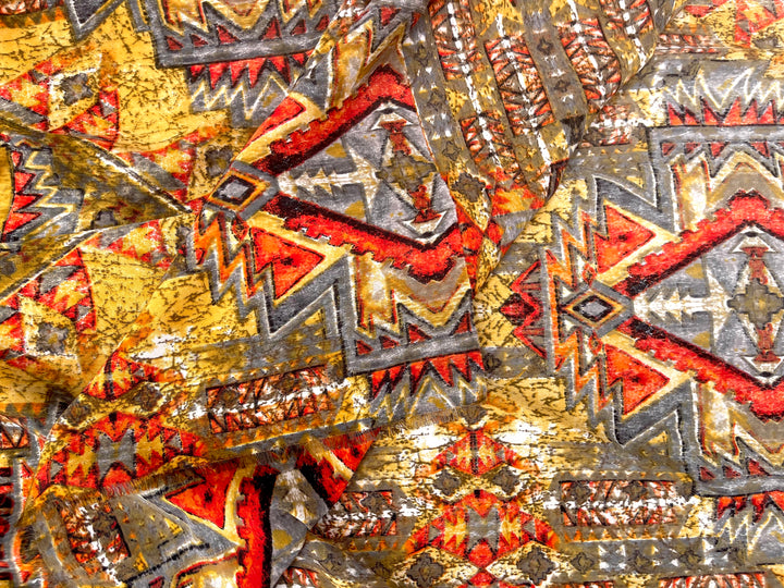 Peachskin  fabric by the yard - Gray Red Yellow  Tribal print