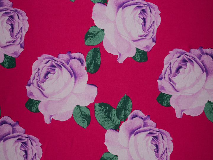 Hot pink purple Big  floral   print -  silky satin  Lightweight   fabric