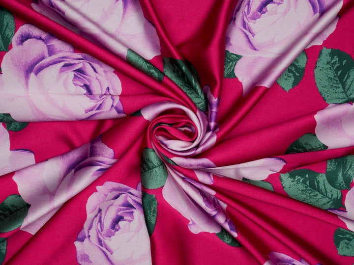 Hot pink purple Big  floral   print -  silky satin  Lightweight   fabric