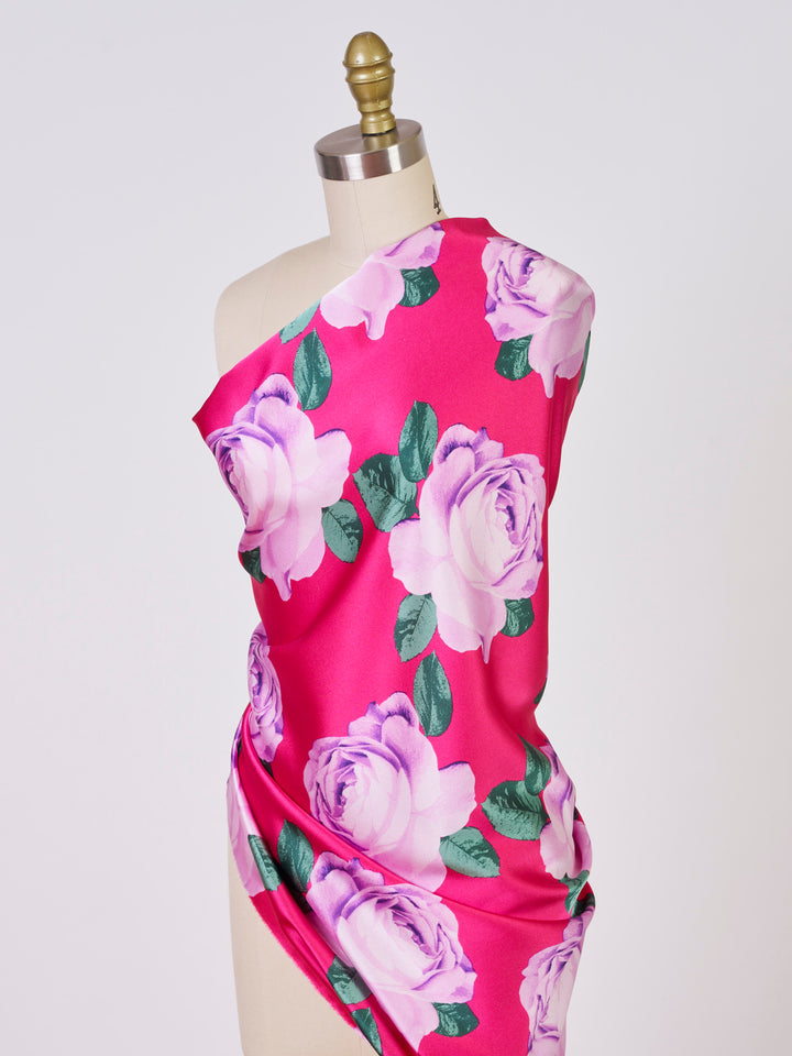 Hot pink purple Big  floral   print -  silky satin  Lightweight   fabric