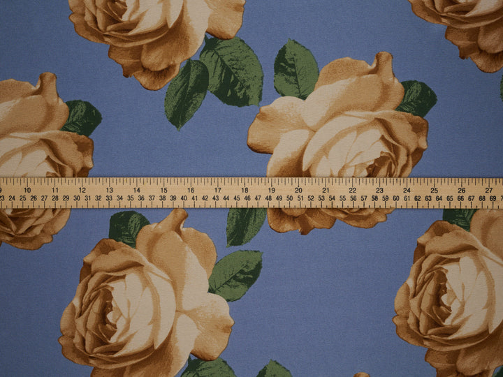 Dusty blue gold  Big  floral   print -  silky satin  Lightweight   fabric