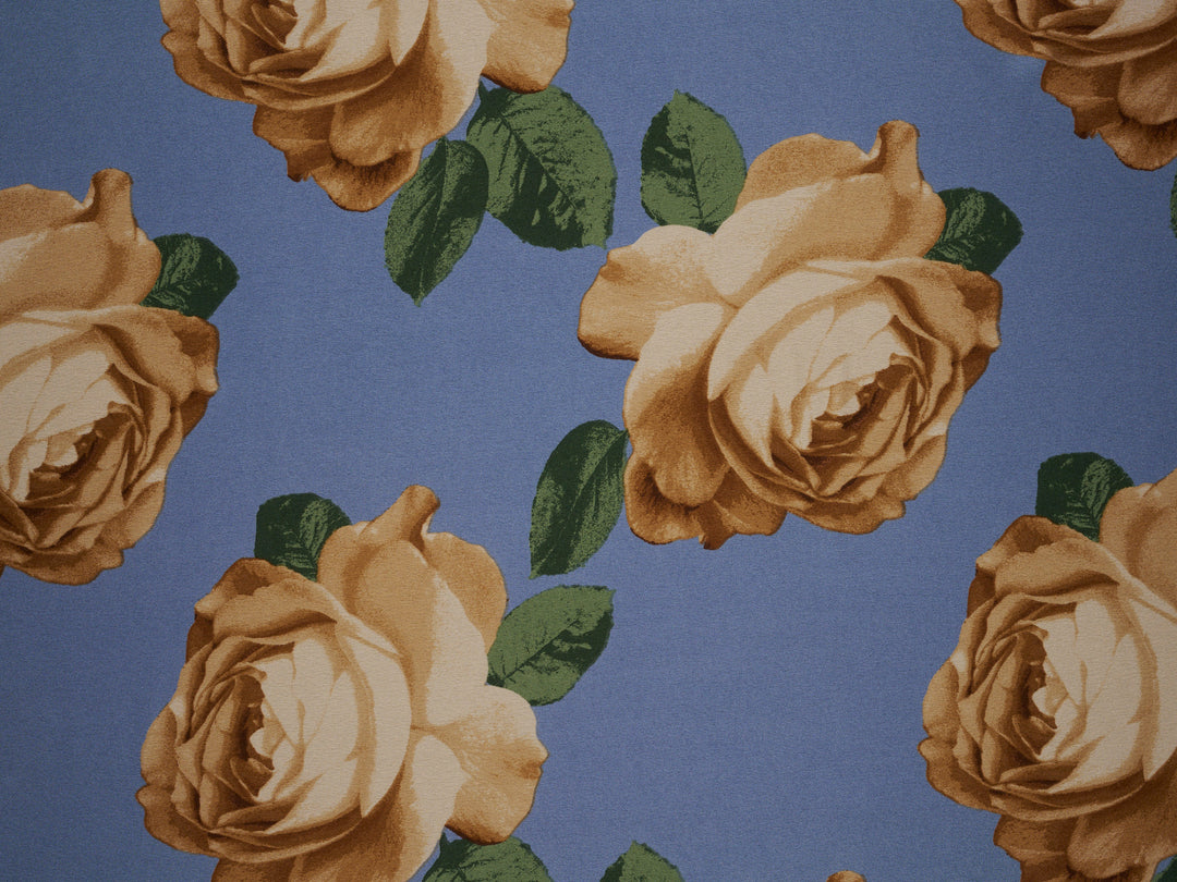 Dusty blue gold  Big  floral   print -  silky satin  Lightweight   fabric