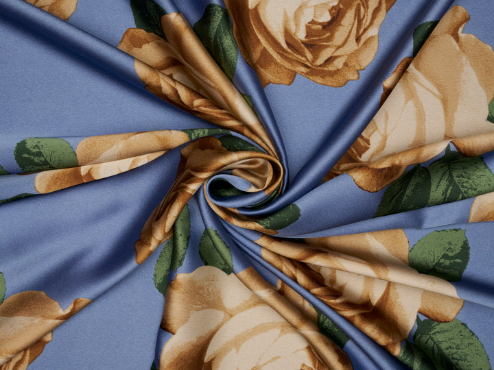 Dusty blue gold  Big  floral   print -  silky satin  Lightweight   fabric