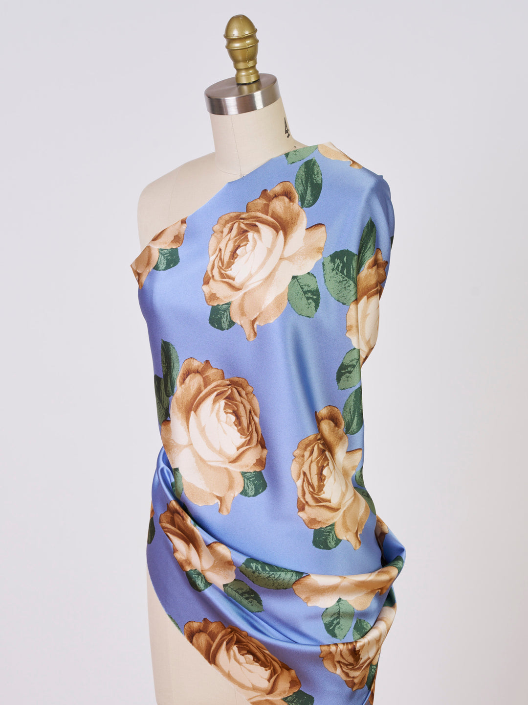 Dusty blue gold  Big  floral   print -  silky satin  Lightweight   fabric