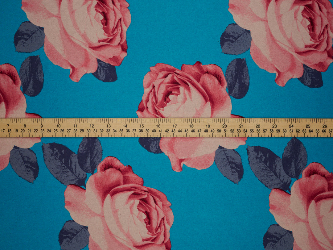 Turquoise orange  Big  floral   print -  silky satin  Lightweight   fabric
