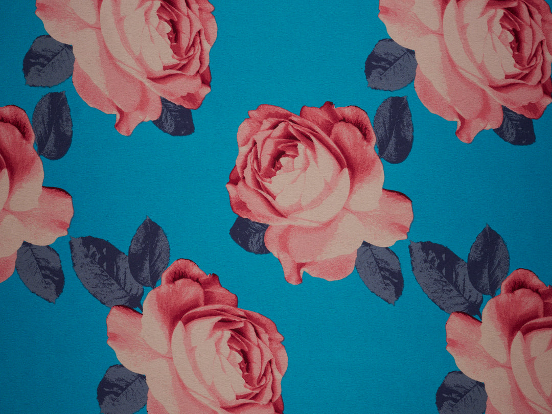 Turquoise orange  Big  floral   print -  silky satin  Lightweight   fabric