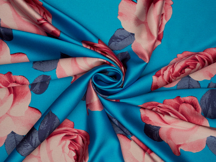 Turquoise orange  Big  floral   print -  silky satin  Lightweight   fabric