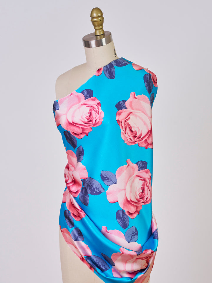 Turquoise orange  Big  floral   print -  silky satin  Lightweight   fabric