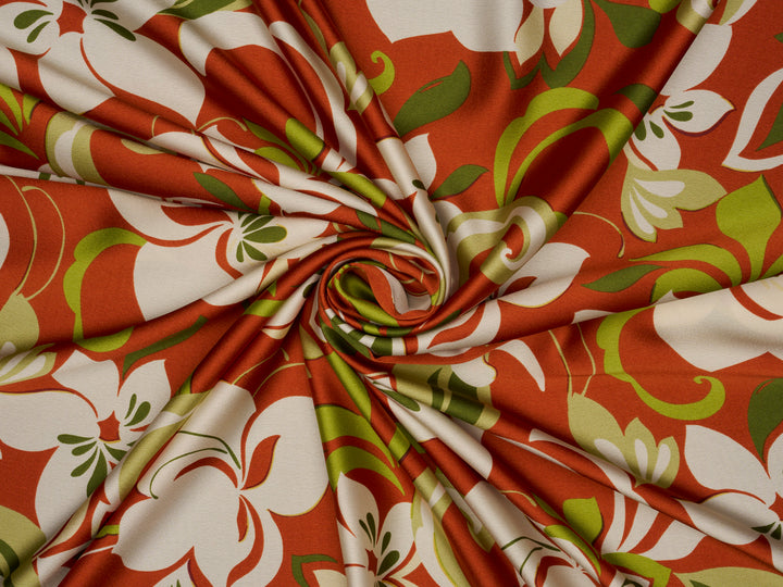 Burnt orange and green floral    print -  silky satin  Lightweight   fabric