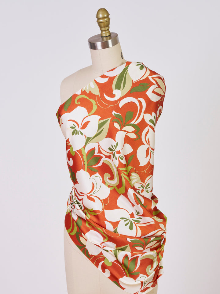 Burnt orange and green floral    print -  silky satin  Lightweight   fabric