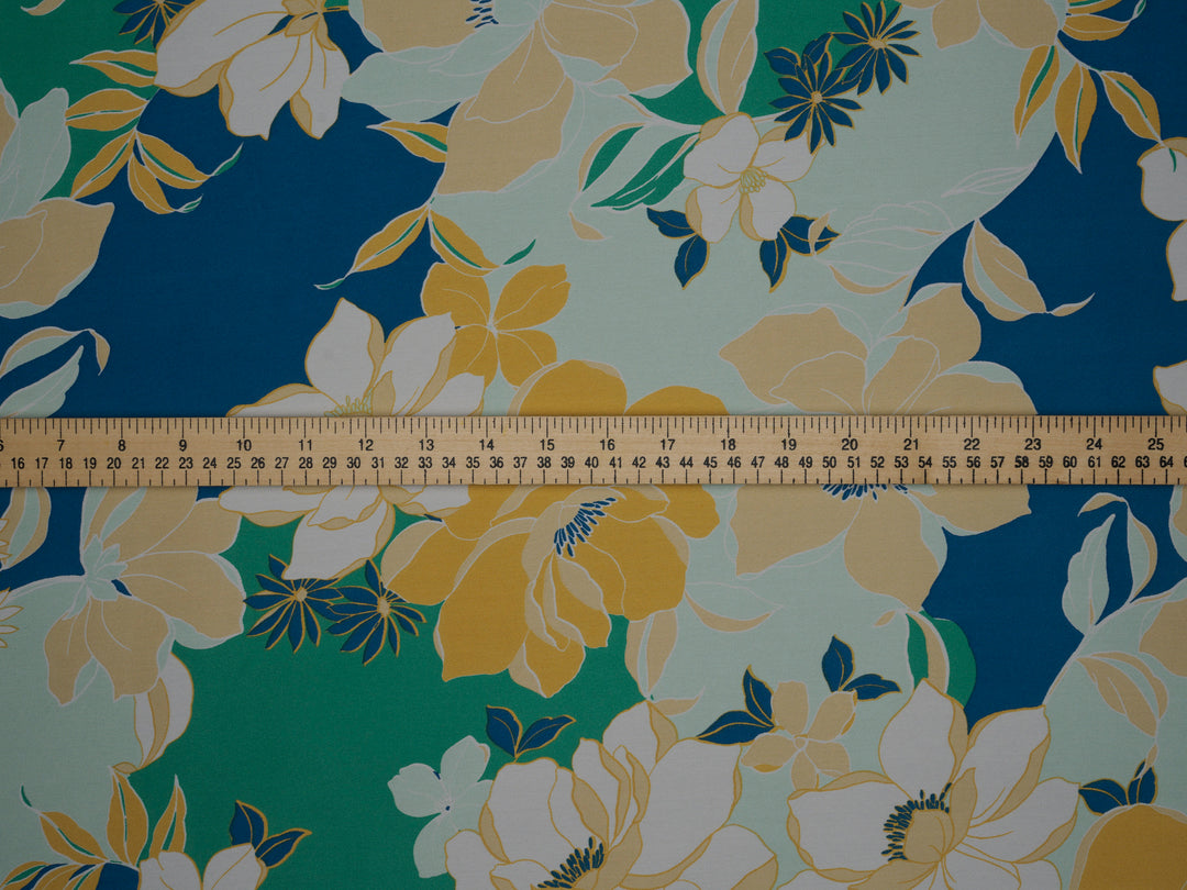 Blue  and green floral    print -  silky satin  Lightweight   fabric
