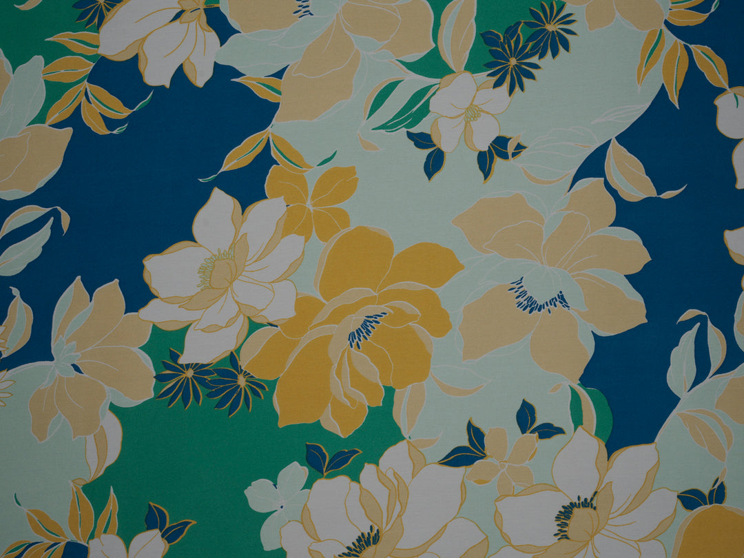 Blue  and green floral    print -  silky satin  Lightweight   fabric