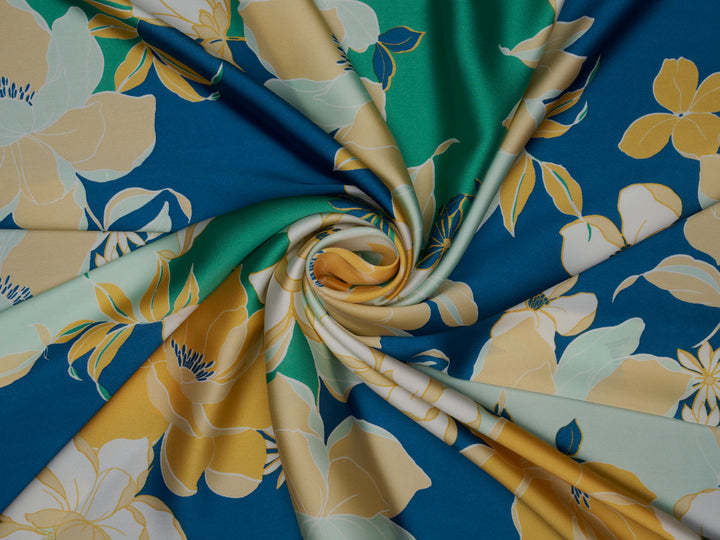 Blue  and green floral    print -  silky satin  Lightweight   fabric