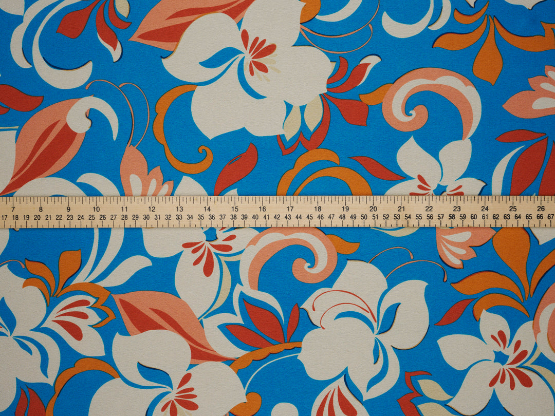 Royal Blue  and orange  floral    print -  silky satin  Lightweight   fabric