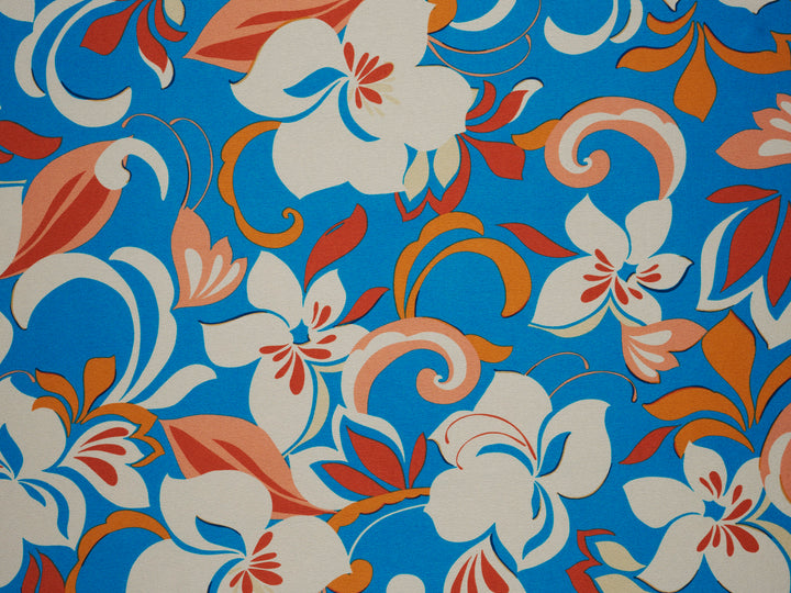 Royal Blue  and orange  floral    print -  silky satin  Lightweight   fabric