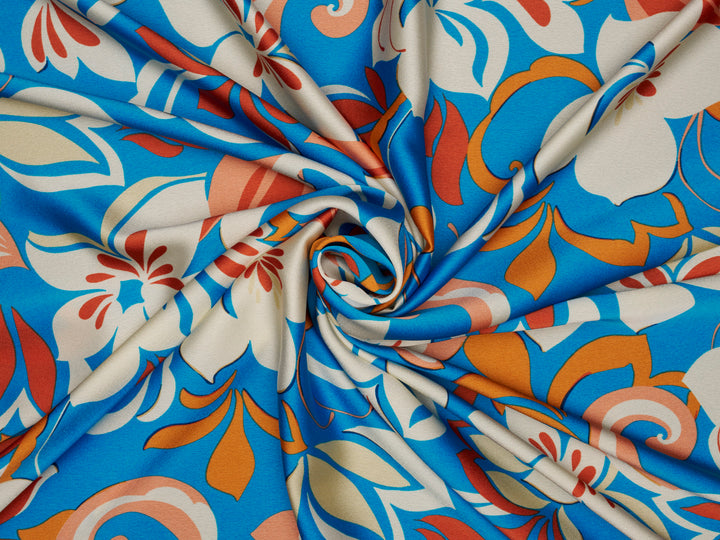 Royal Blue  and orange  floral    print -  silky satin  Lightweight   fabric