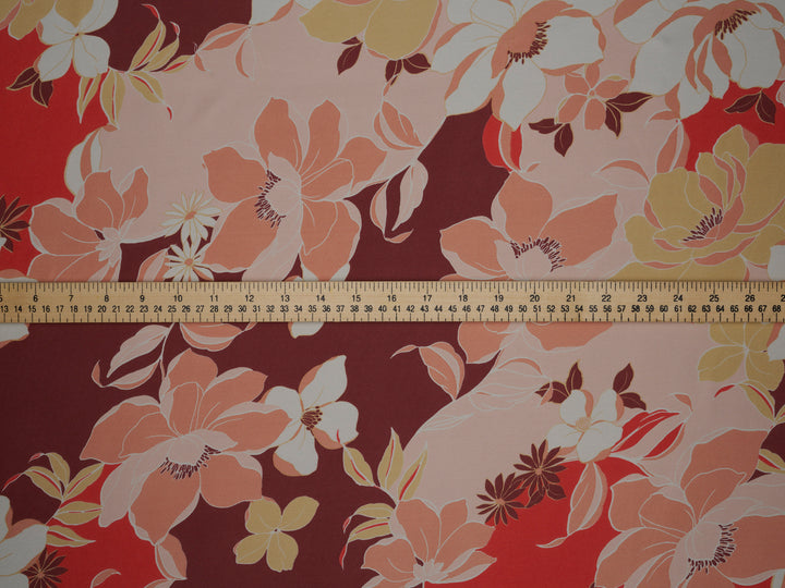 Brown and  orange  floral    print -  silky satin  Lightweight   fabric