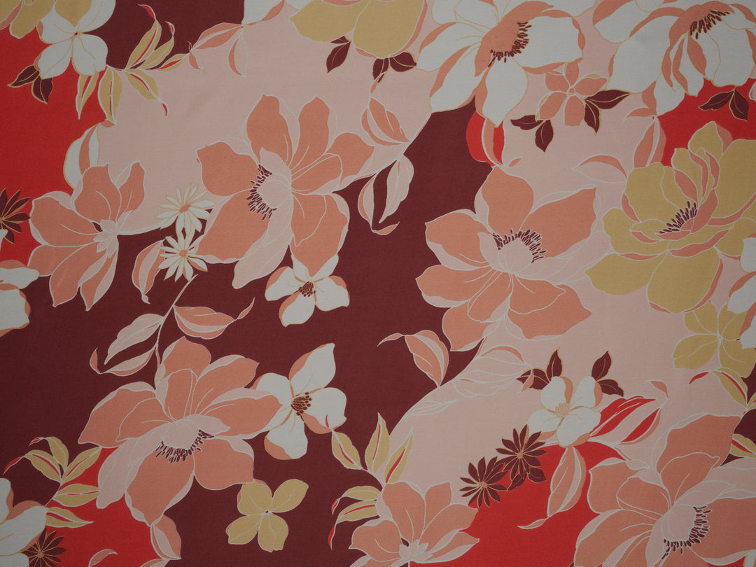 Brown and  orange  floral    print -  silky satin  Lightweight   fabric