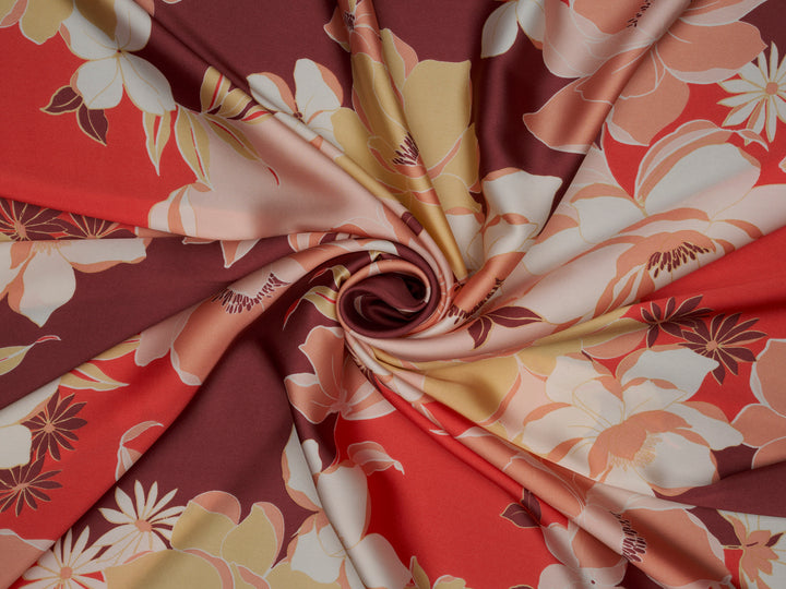 Brown and  orange  floral    print -  silky satin  Lightweight   fabric
