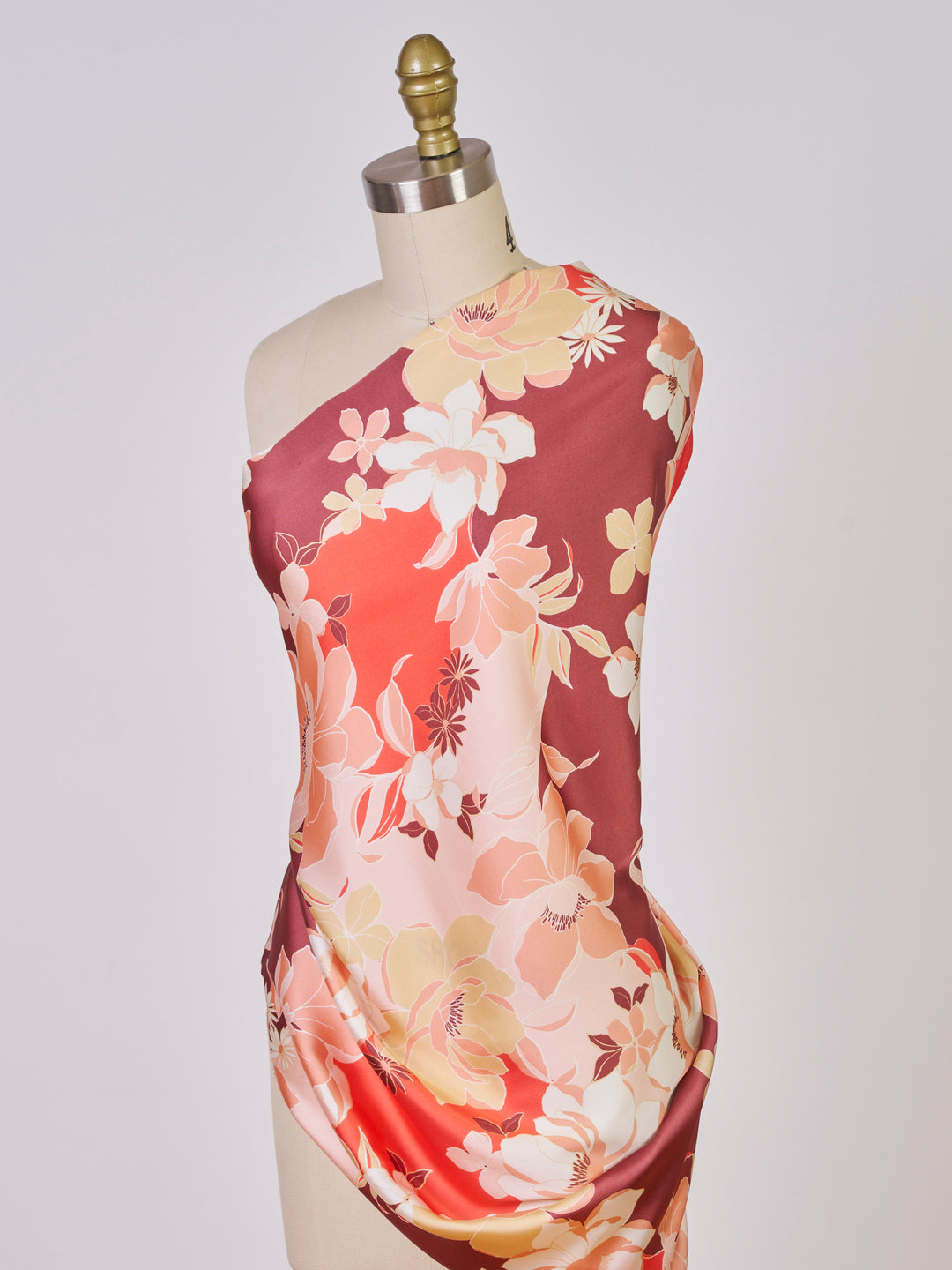 Brown and  orange  floral    print -  silky satin  Lightweight   fabric