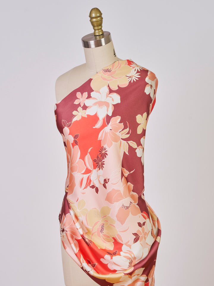 Brown and  orange  floral    print -  silky satin  Lightweight   fabric