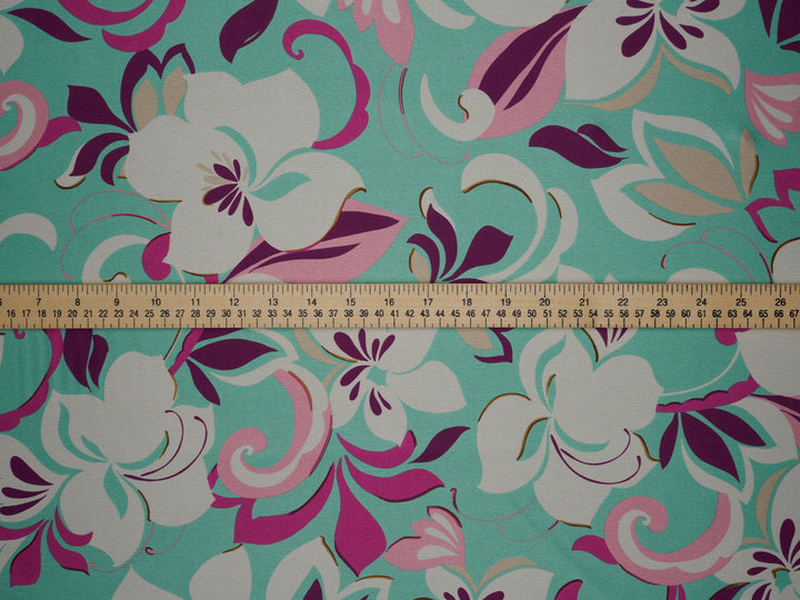 Aqua and purple   floral    print -  silky satin  Lightweight   fabric
