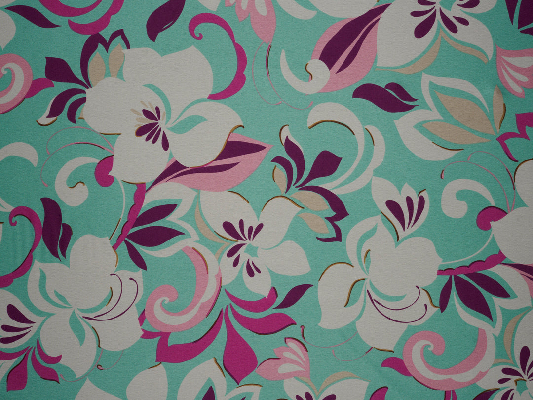 Aqua and purple   floral    print -  silky satin  Lightweight   fabric