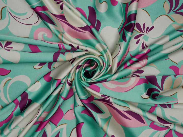 Aqua and purple   floral    print -  silky satin  Lightweight   fabric