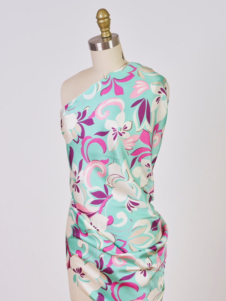 Aqua and purple   floral    print -  silky satin  Lightweight   fabric