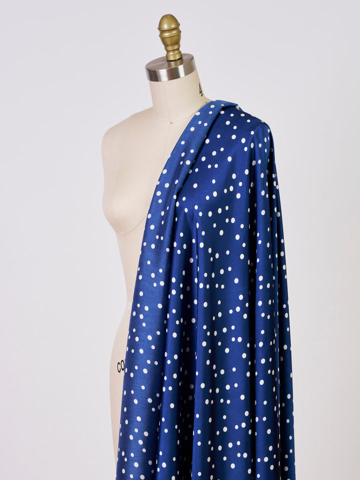 Denim blue polka dot print -  silky satin  Lightweight   fabric